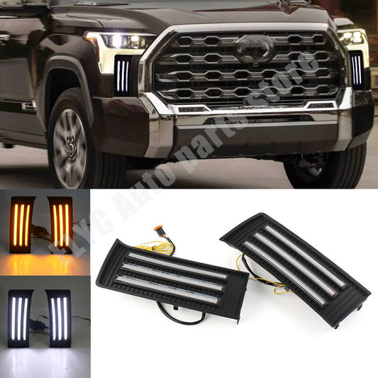 LED DRL daytime running lights, turn signals, and fog lights are suitable for Toyota Tundra 2022-2023 models.