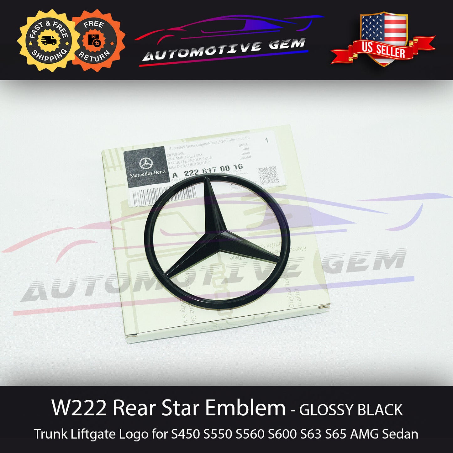 W222 SEDAN for Mercedes GLOSS BLACK Star Emblem Rear Trunk Lid Logo Badge AMG S550