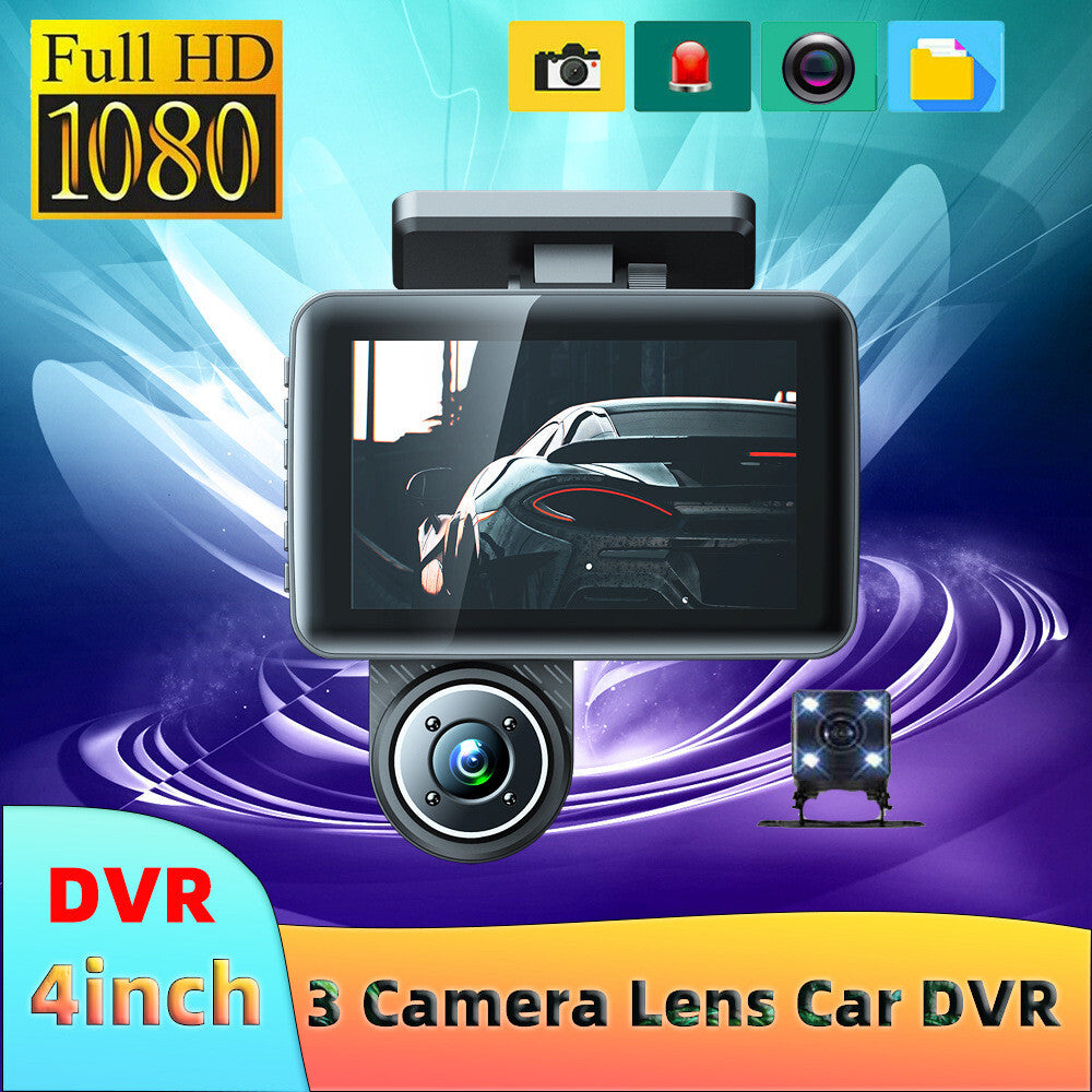 4in 3Lens HD Dash Cam Car DVR Video Front/Rear/Inside Cameras Driving Recorder