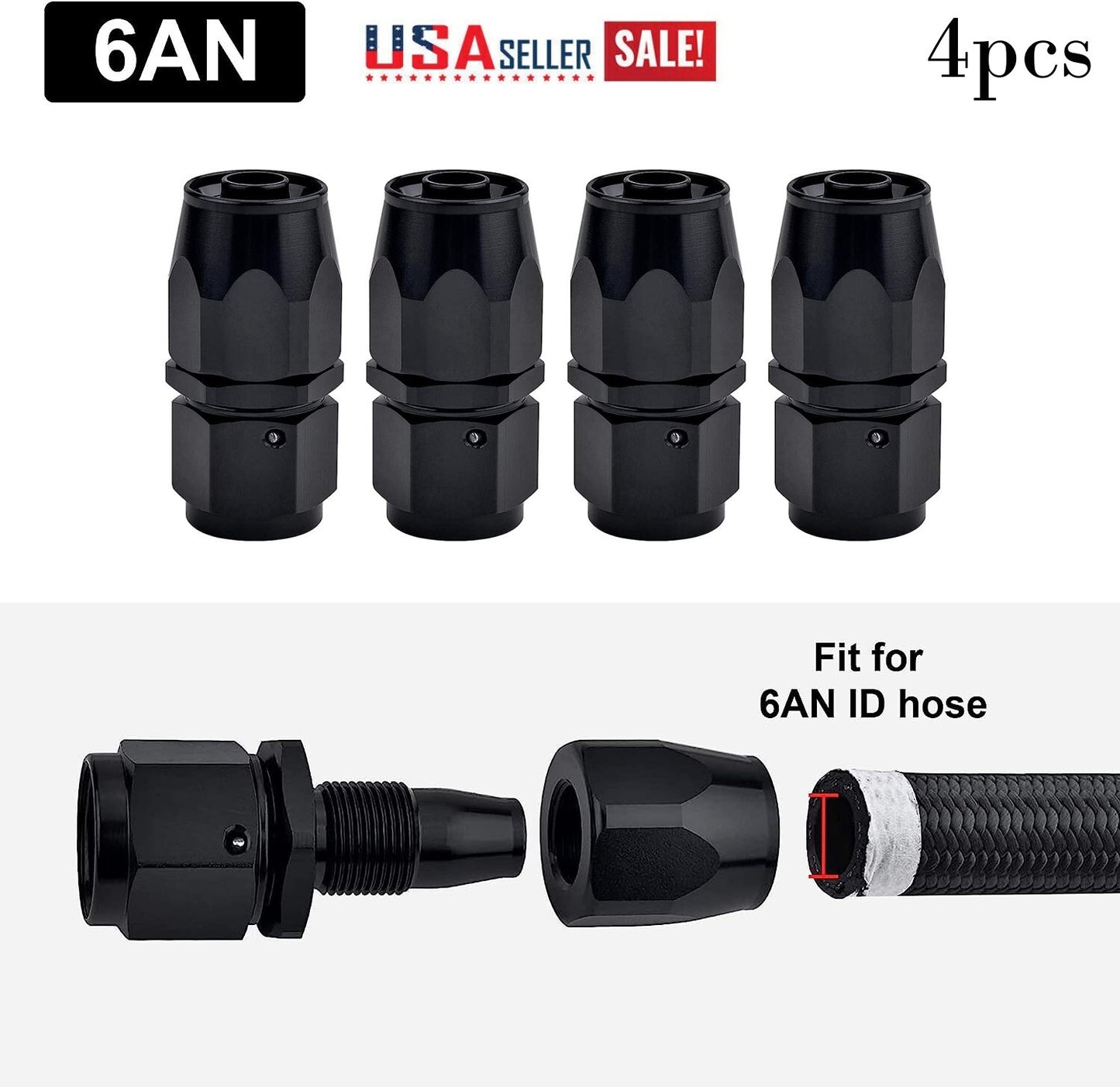 4-Pack 6AN Straight Rotary Hose End Fittings for CPE Oil Fuel Lines, Aluminum Black,