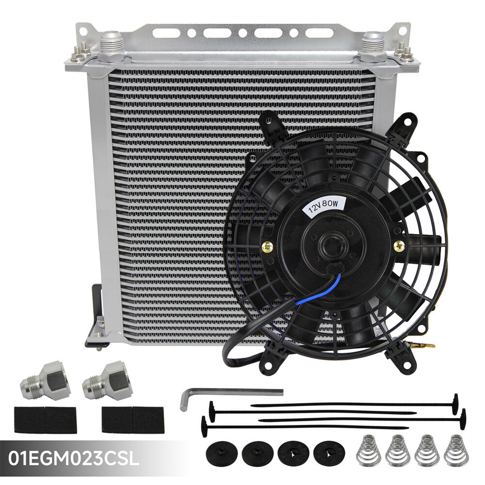 Universal 40 Row AN10 Engine Oil Cooler w/AN10 To AN8 Fittings + 7 Fan Silver