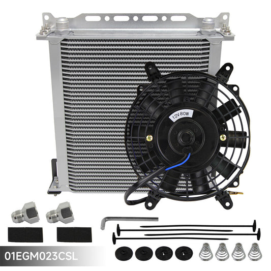 Universal 40 Row AN10 Engine Oil Cooler w/AN10 To AN8 Fittings + 7 Fan Silver