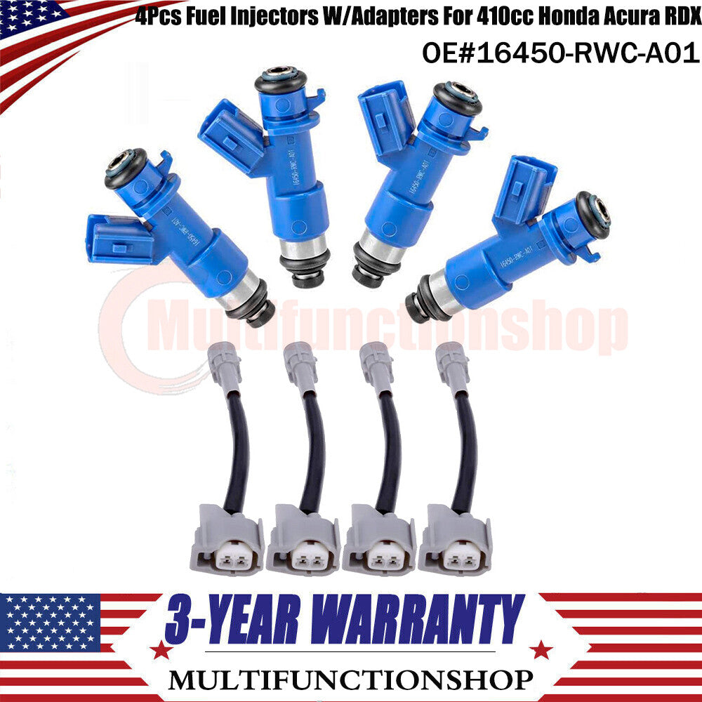 4Pcs 410cc Fuel Injectors W/Adapters for Honda for Civic for Acura for RDX 16450-RWC-A01