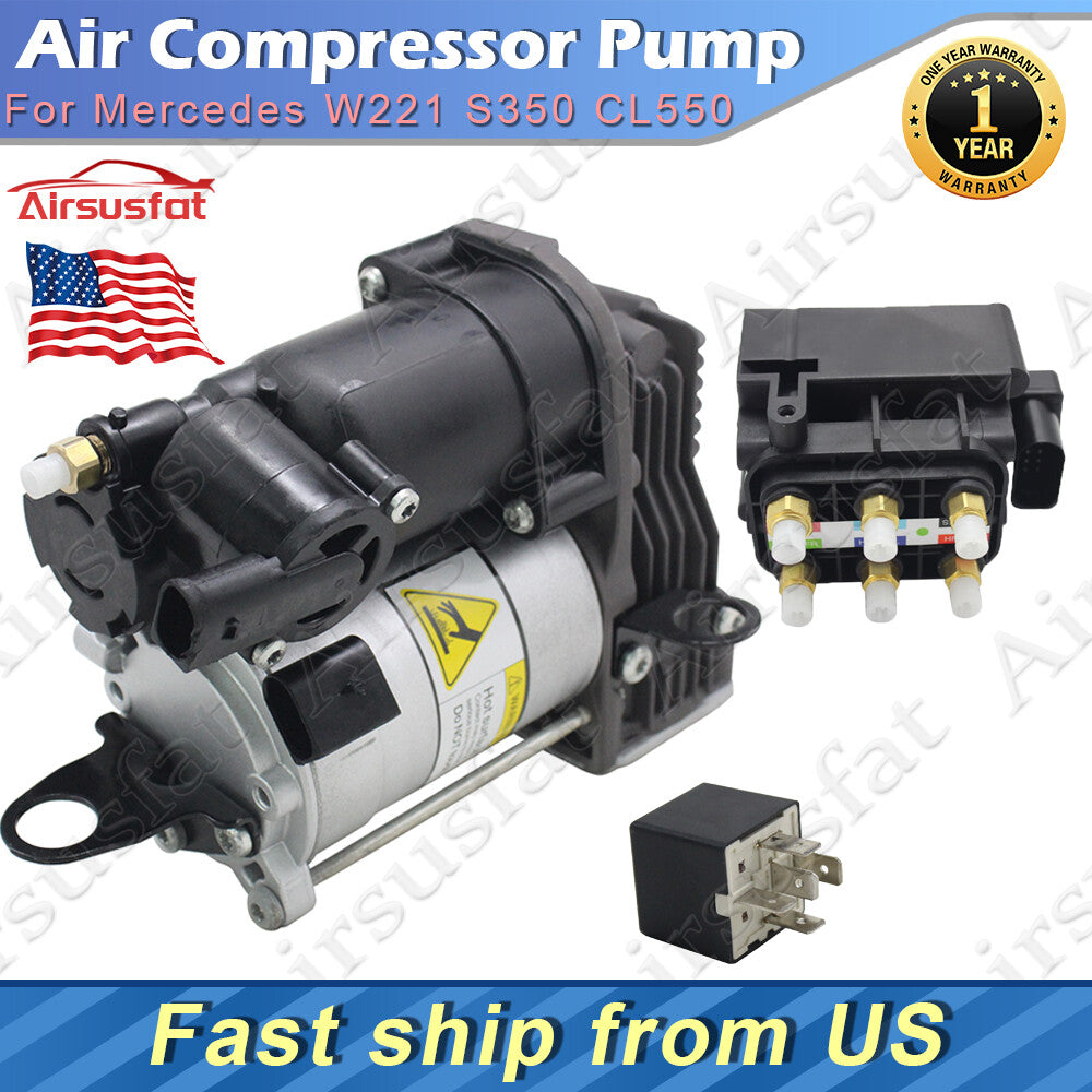 3Pcs Air Suspension Compressor w/Valve Block+Relay for Mercedes W221 GL350 CL550