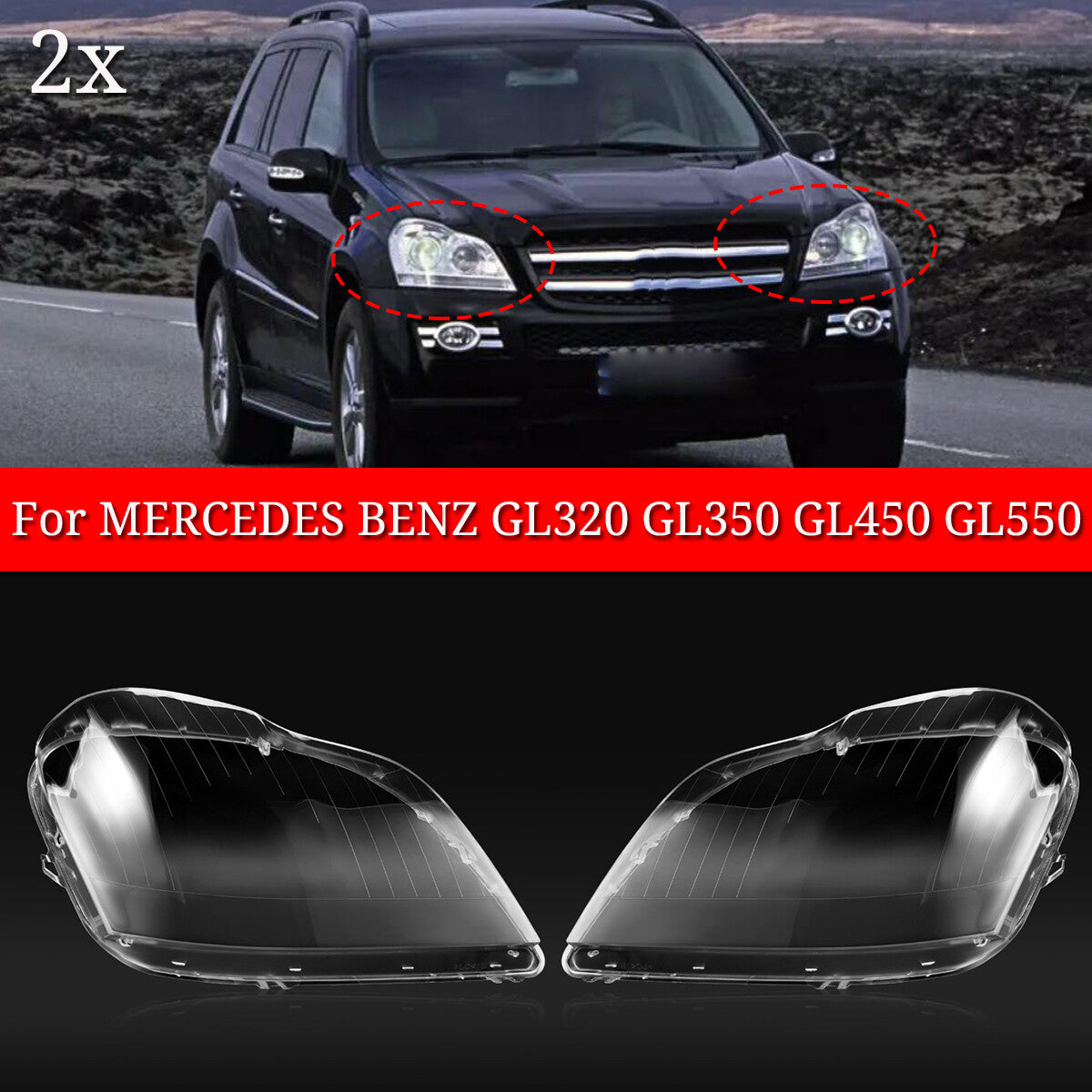 2x Headlight Lens Covers for 2007-2012 for Mercedes-Benz GL320 GL450
