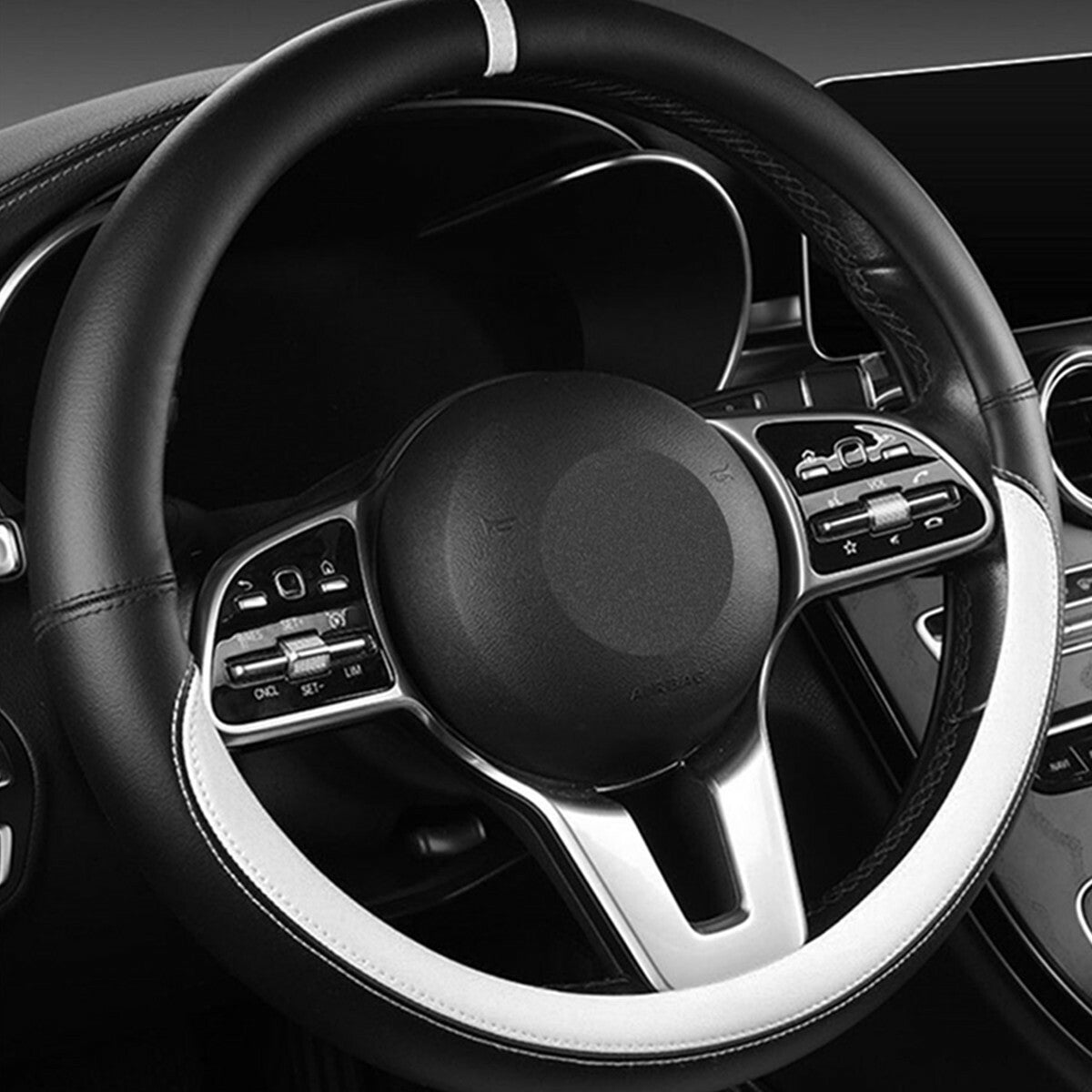 PU Leather Steering Wheel Cover Anti-slip for Car SUV Truck 15 Black/White