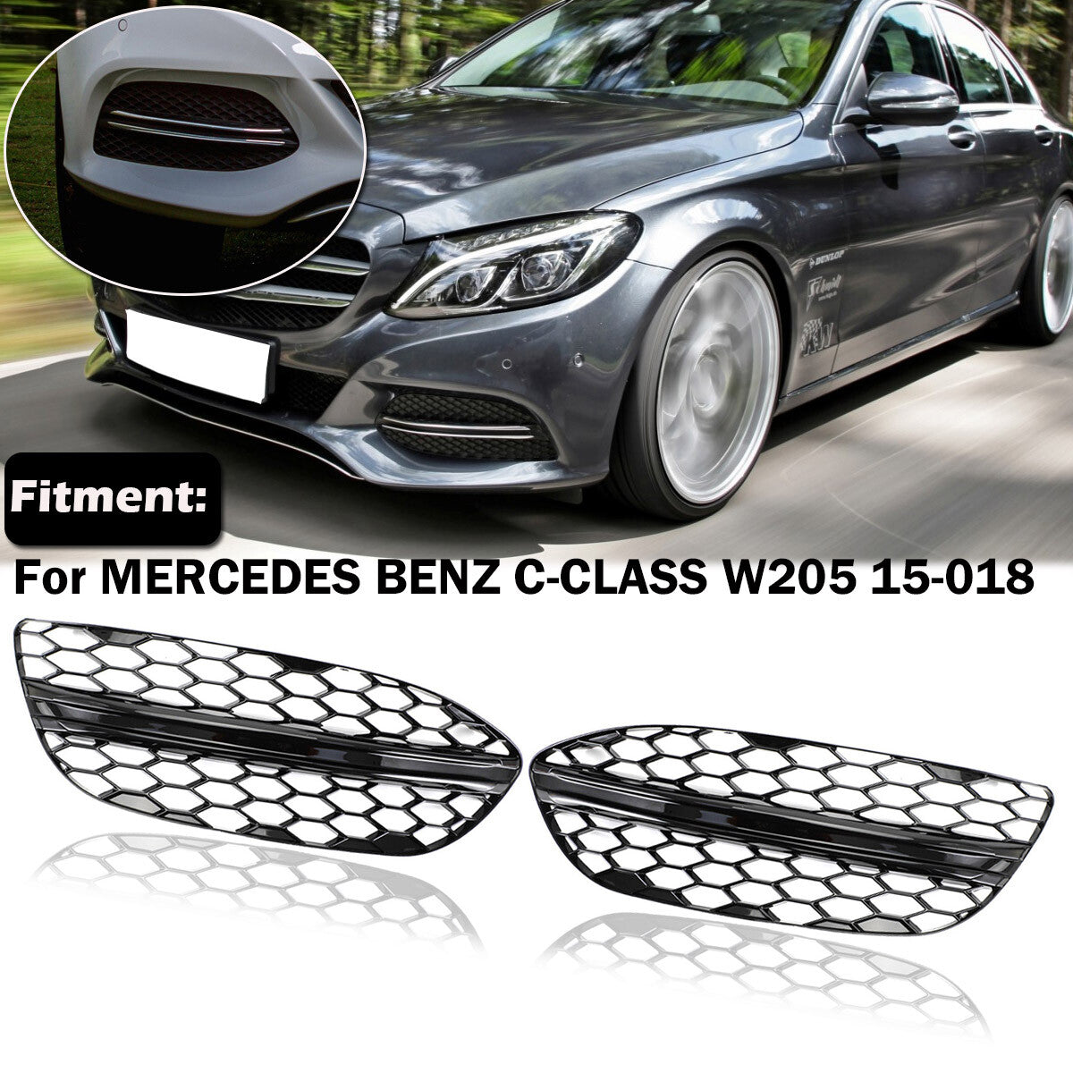 A pair of front lower bumper grille fog light covers are suitable for the for Mercedes-Benz W205 2015-2018.