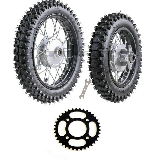 12-inch and 10-inch wheels, front 60/100-12, rear 80/100-10 tires, rims, dirt pits, bike path