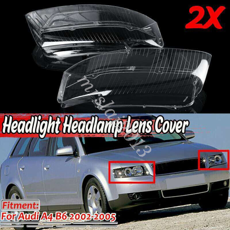 Pair for Audi for A4 B6 2002-2005 Headlight Headlamp Clear Lens Cover Left + Right