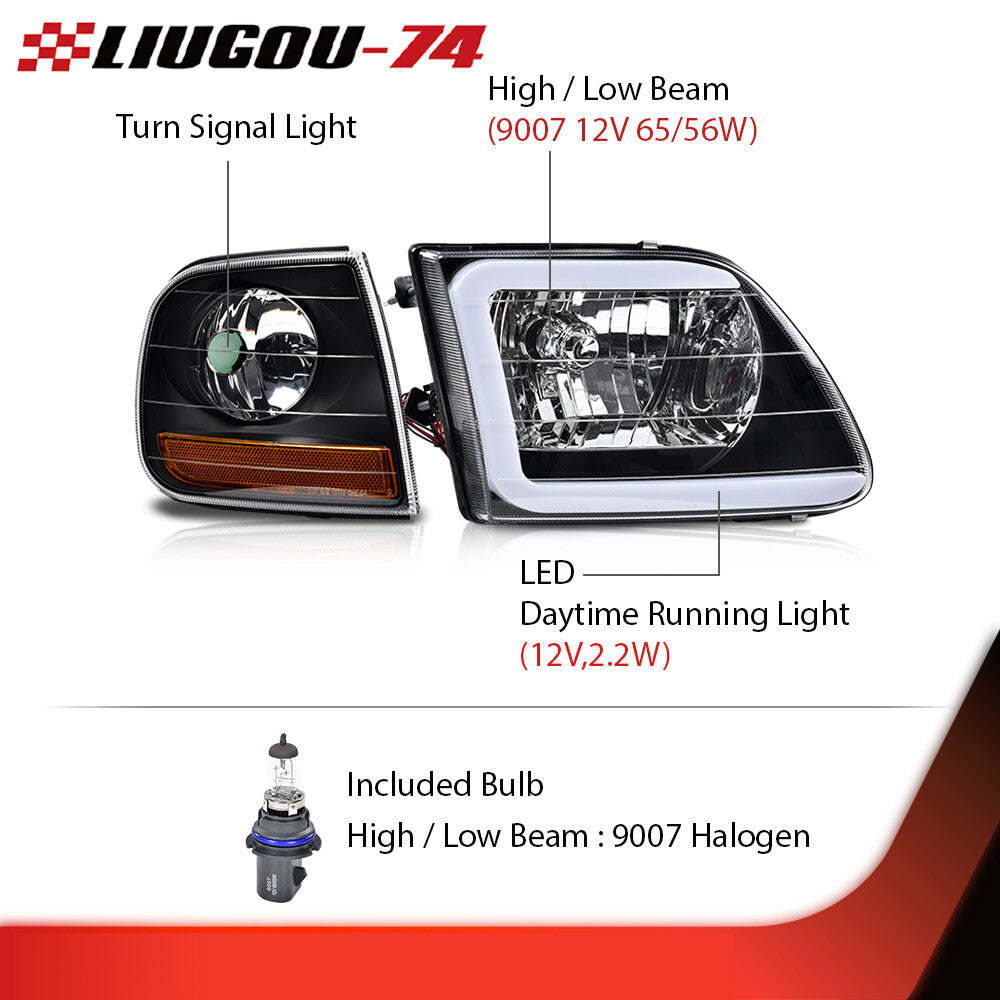 Suitable for 1997-04 F-150 Expedition LED DRL headlights and cornering lights in black/clear.