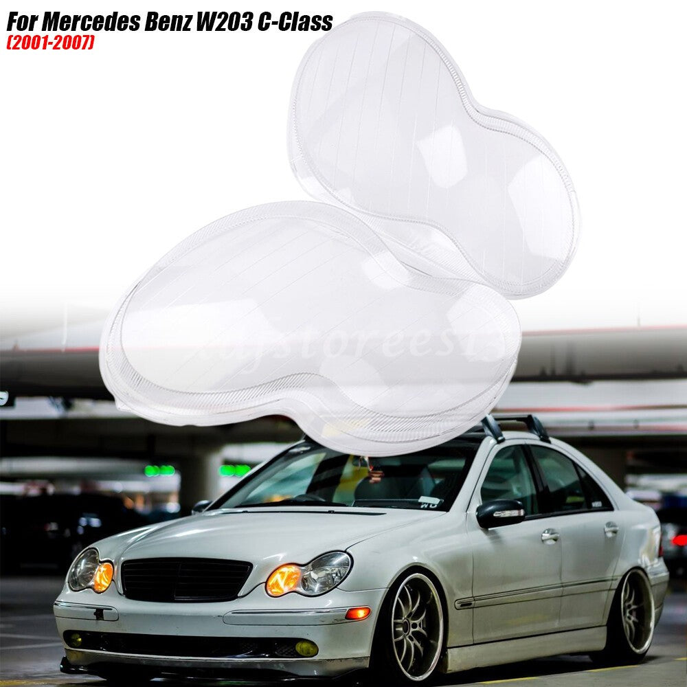 Pair Headlight Lens Cover Replacement for Mercedes for Benz C-Class W203 2001-2007