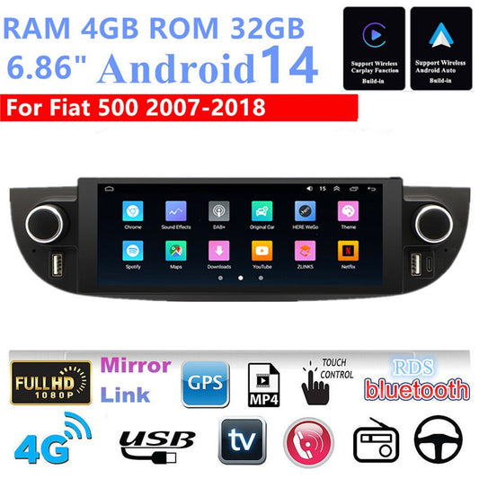 6.86for Fiat 500 2007-2018 Android 14 4+32GB Car Stereo Radio GPS Navi Black