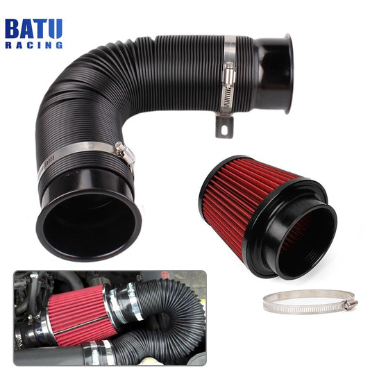 3/76mm Black Flexible Car Cold Air Intake Hose Filter Pipe Kit+Red Air Filter