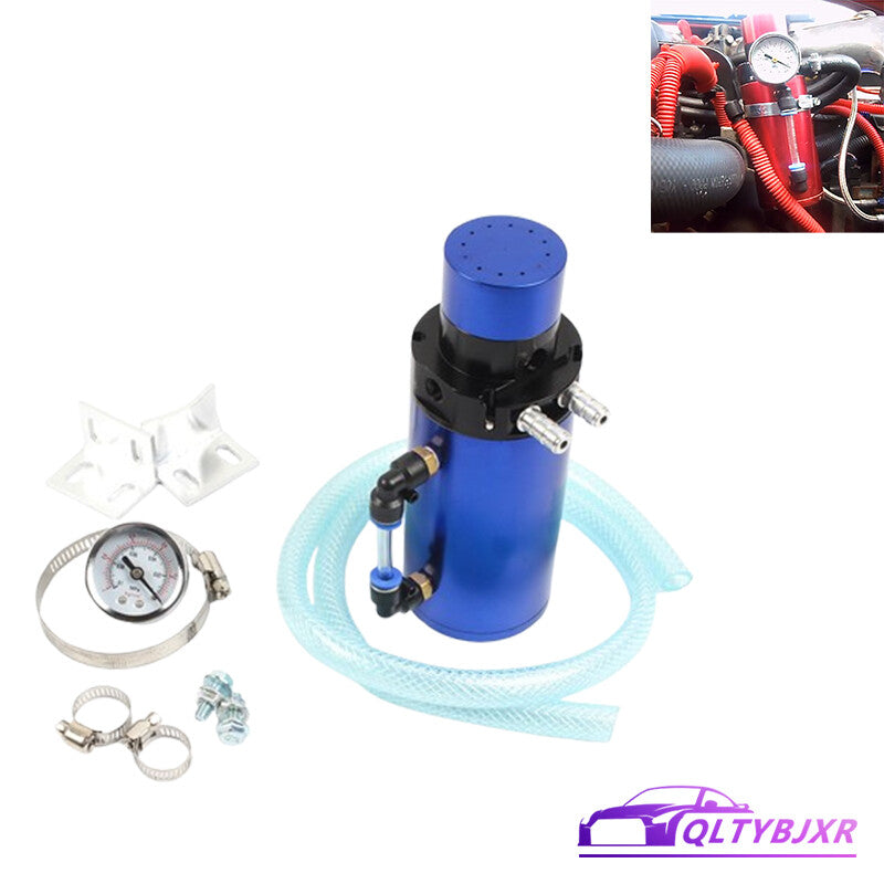 7 X 2.5 Aluminum Engine Oil Catch Reservoir Breather Tank/Can+ Gauge Blue