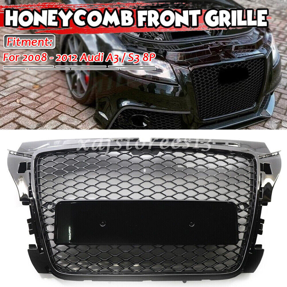 RS3 Style Front Sport Hex Mesh Honeycomb Grill Black for Audi A3 S3 8P 2008-2012