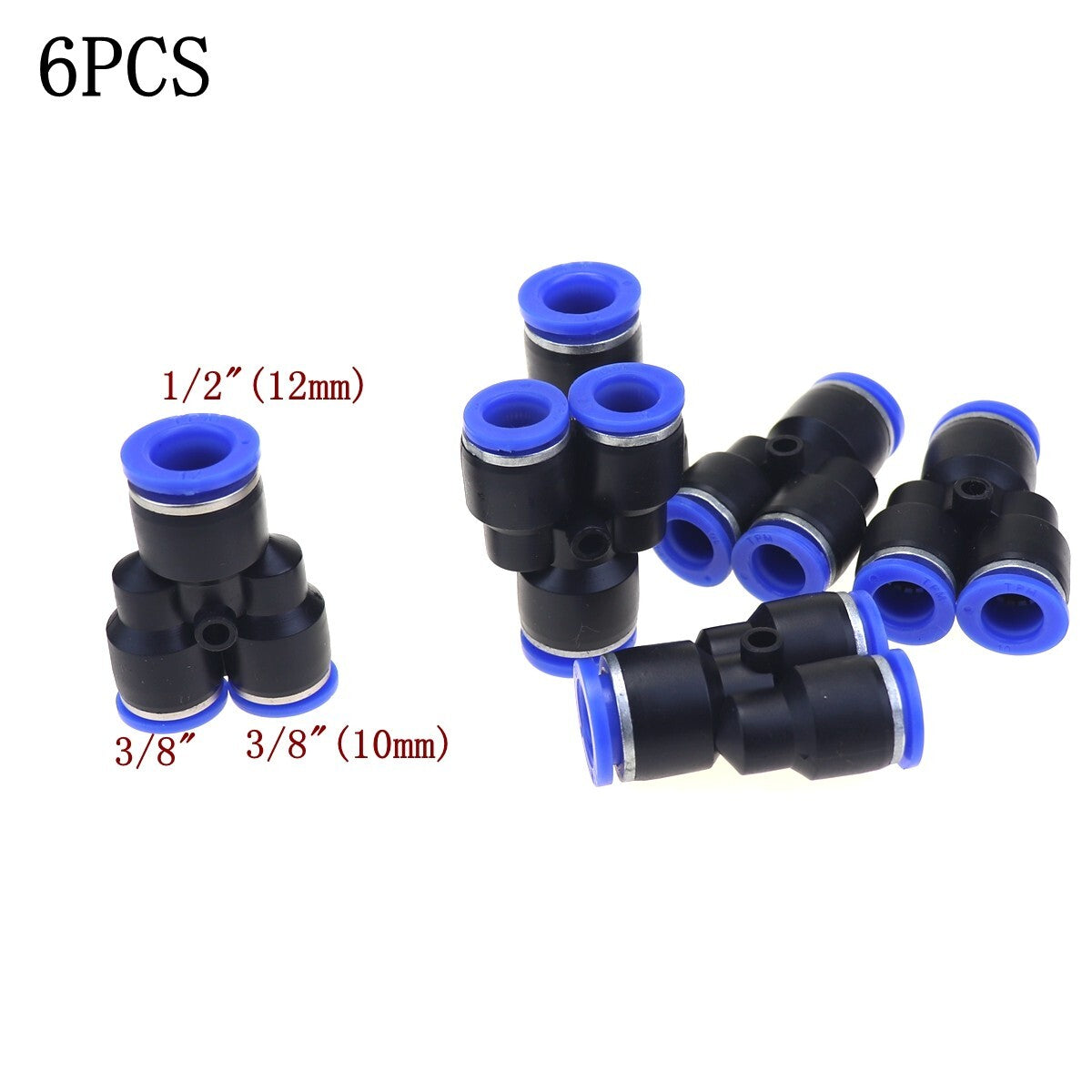 6-piece pneumatic reduction Y-joint air pusher 3-way connector pipe OD 1/2 to 3/8