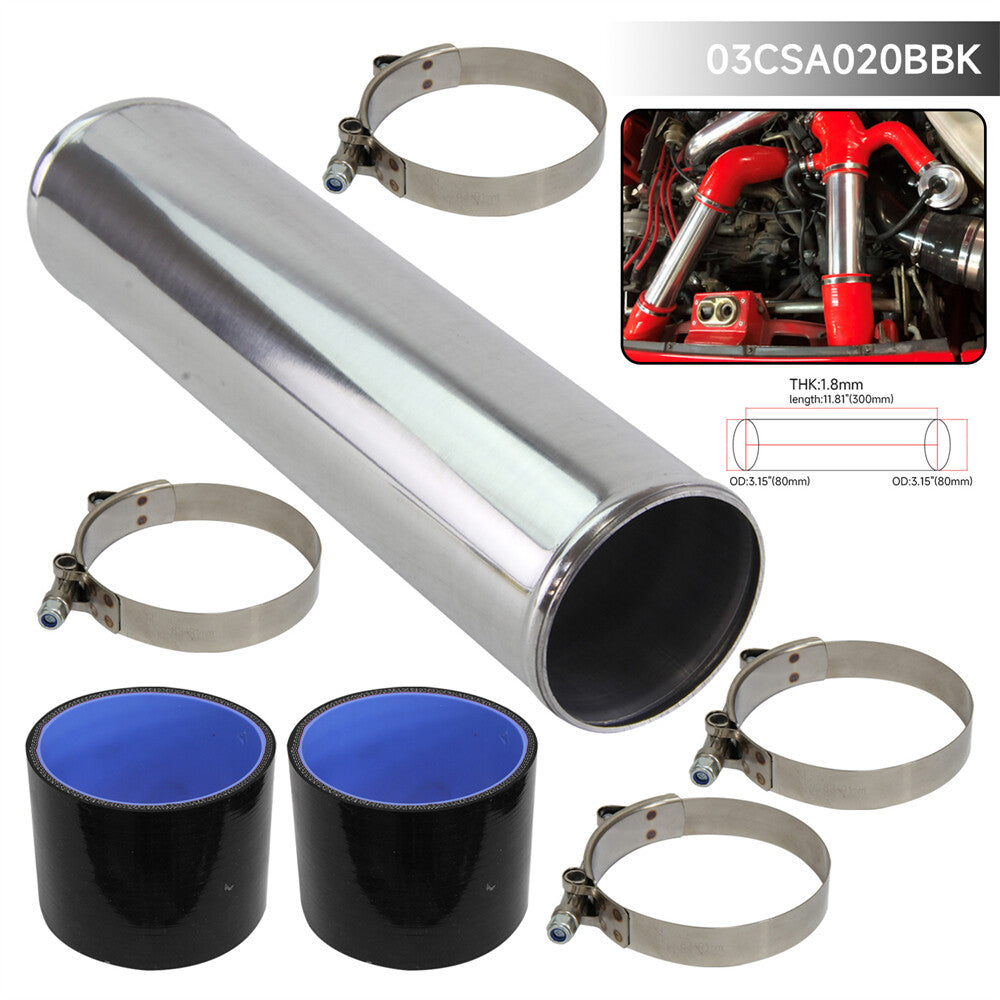80mm 3.15 Aluminum Intercooler Turbo Pipe Piping Tube + 2PCS Silicone Hose BK