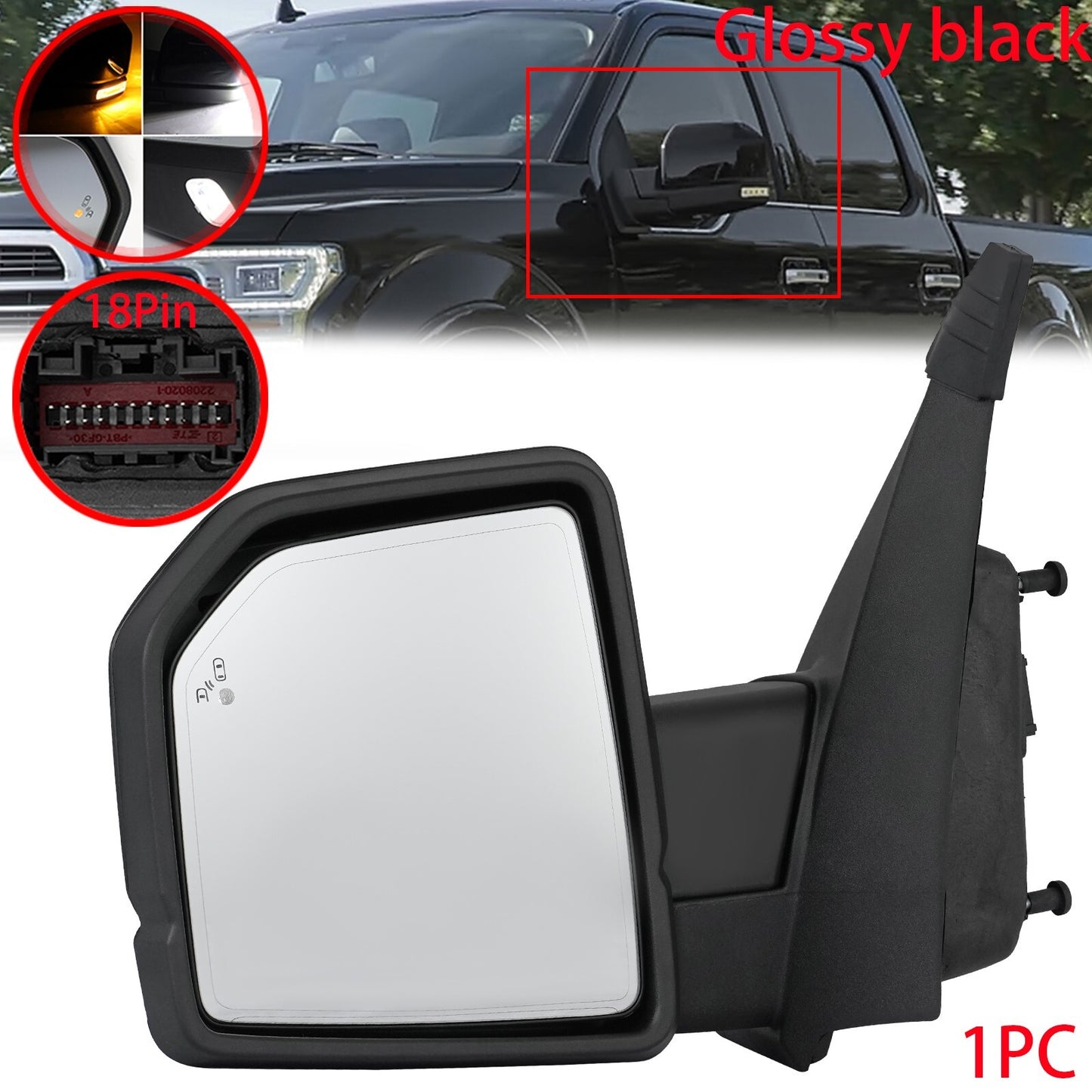 Driver's left-side mirror compatible with 2015-2020 for Ford F-150s, power folding, memory blind spot feature.