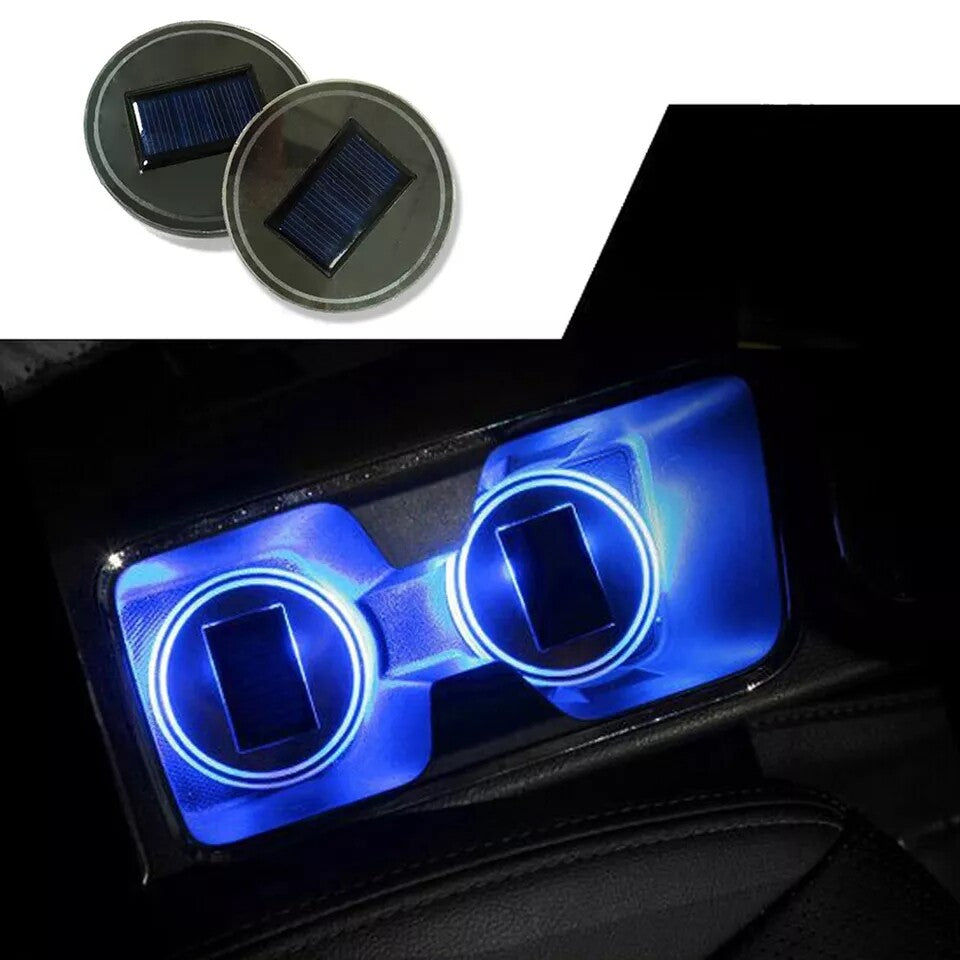LED Solar Cup Pad Light Cover Car Accessories Interior Decoration Lights Blue x2