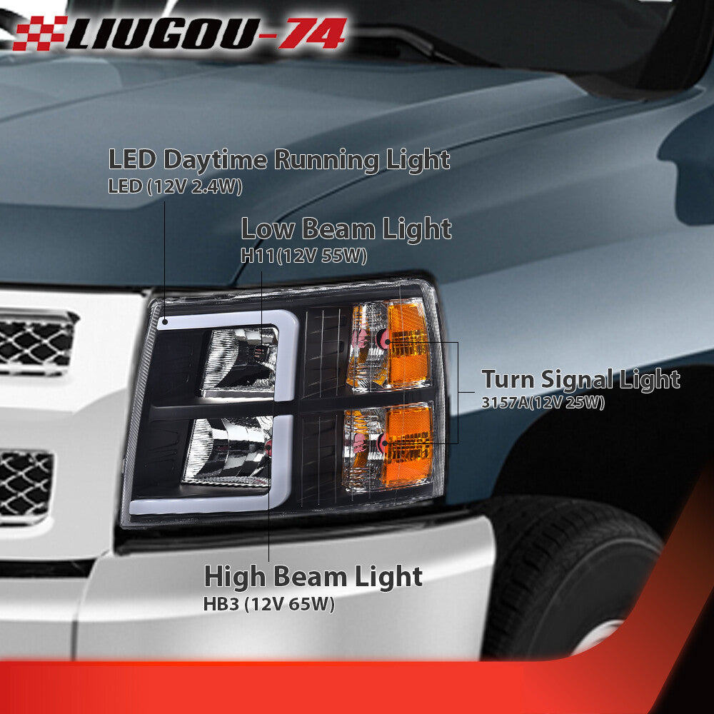 Suitable for 07-13 for Chevrolet Silverado Black/Amber LED DRL Headlights (2-Piece Set)