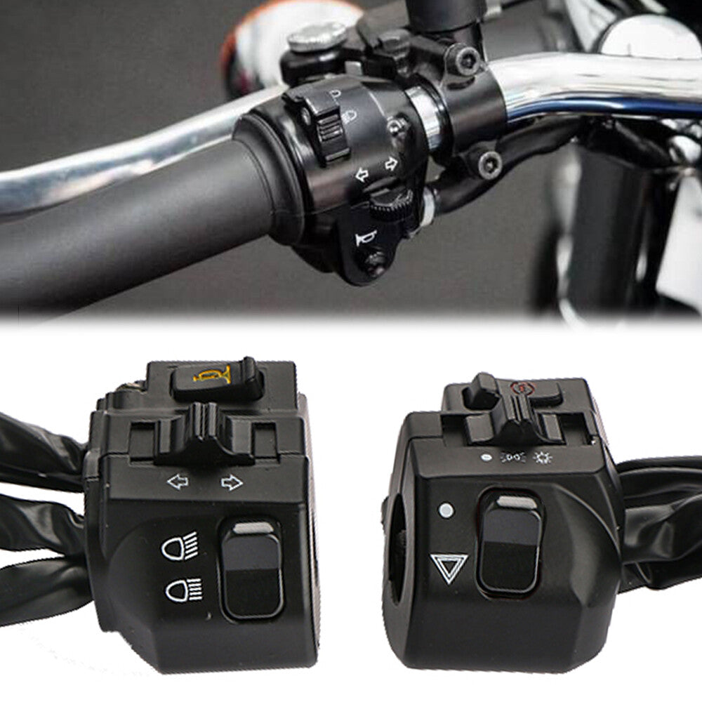 A pair of motorcycle 7/8 inch handlebar horn buttons, turn signals, and electric start switches.
