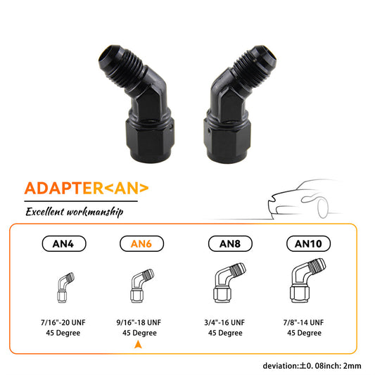 2PCS AN6 Female to 6AN Male 45 Degree Flare Swivel Hose Fitting Adapter Black