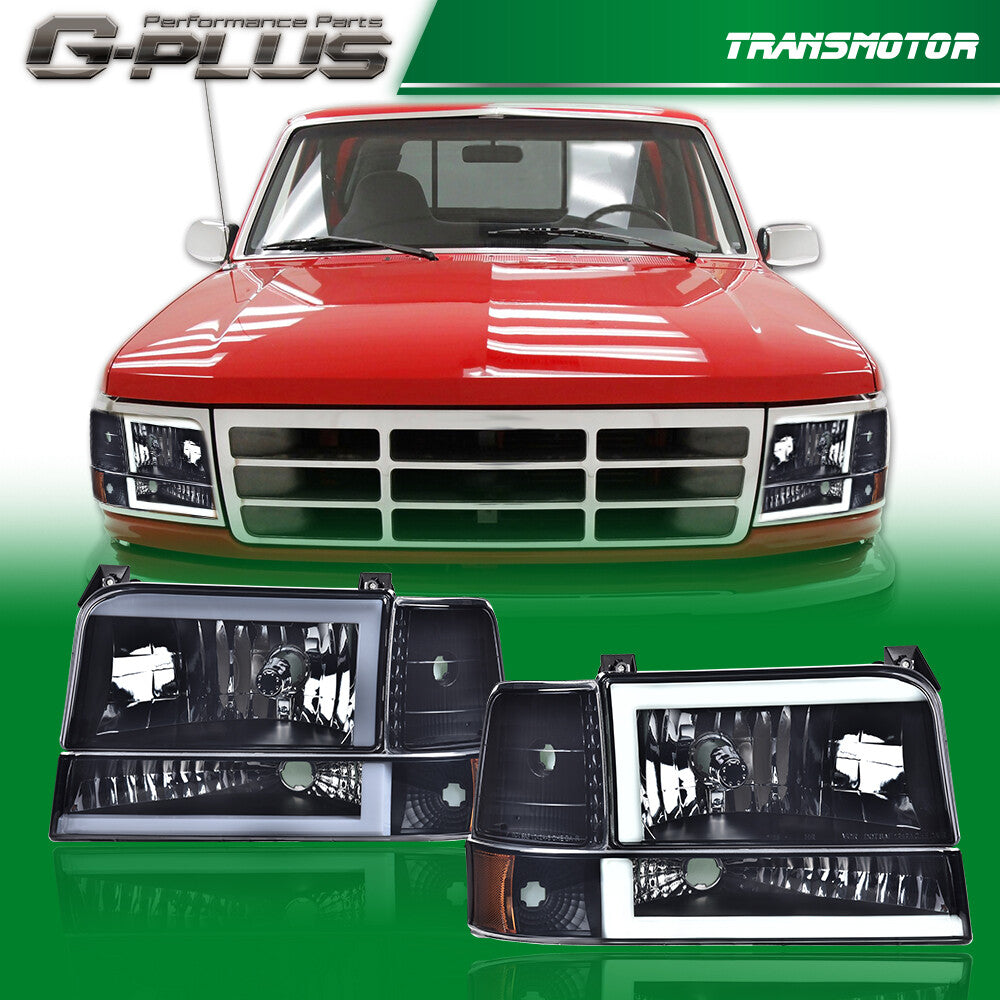 Suitable for 92-96 F150 F250 LED DRL black/smoky headlights with black frame on the lamp cover.