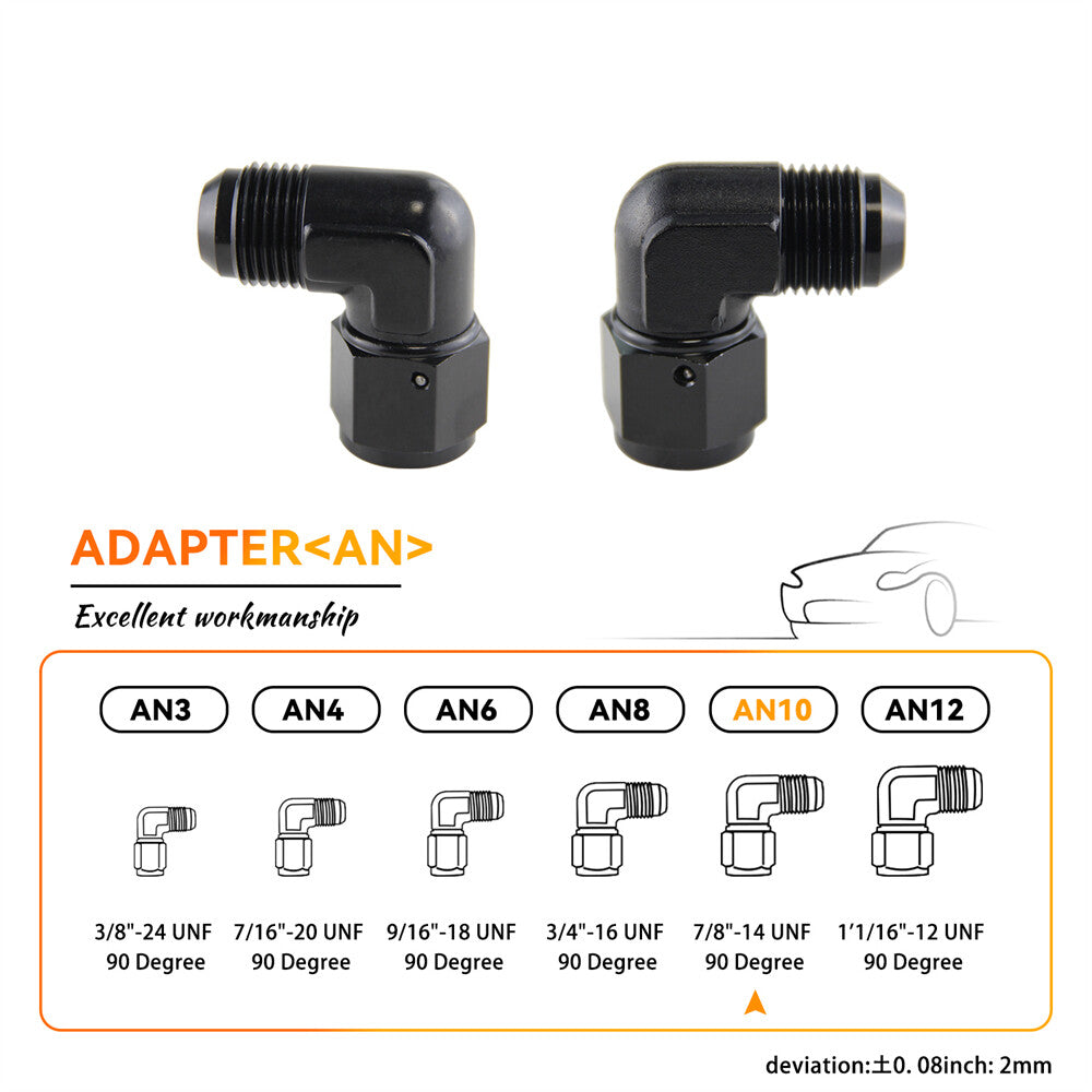 2PCS AN10 Female to 10AN Male 90 Degree Flare Swivel Hose Fitting Adapter Black