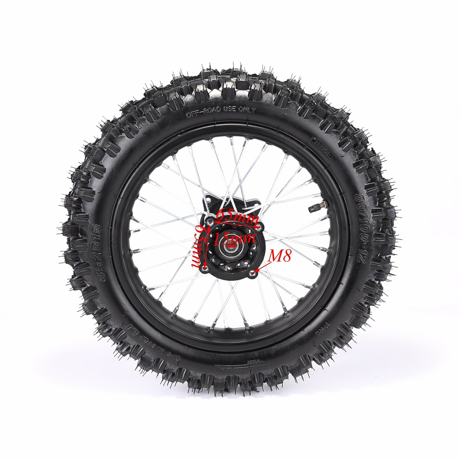 Front 60/100-14 and rear 80/100-12 tires and rims for the KX65 SSR 125cc CRF70 bicycle.