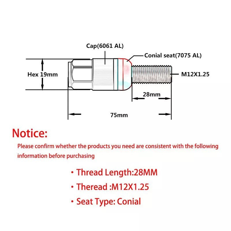 20PCS 28mm M12x1.25 Wheel Lug Bolts Cone for Seat Studs for Jeep for Chrysler for Dodge Blue