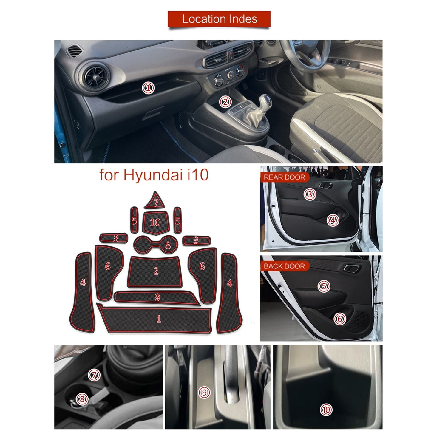 for Hyundai i10 2021 - 2023 Anti-Slip Gate Slot Cup Mat Door Mats Coasters Red
