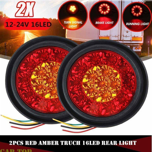 2x 4Inch Round Red/Amber 16 LED Truck Trailer Brake Stop Turn Signal Tail Lights