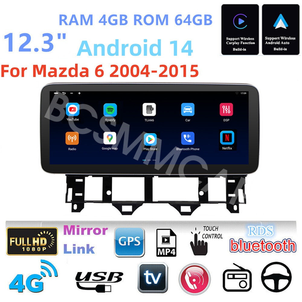 12.3In Androind 14 Car GPS Navi Fit for Mazda 6 2004-2015 Stereo Radio 4G BT