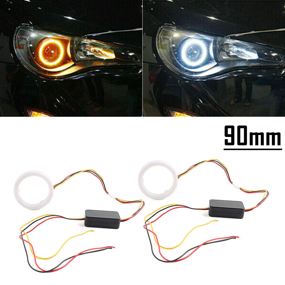 2x White Amber 90MM Switchback LED Angel Eyes Halo Rings Car Headlight Retrofit