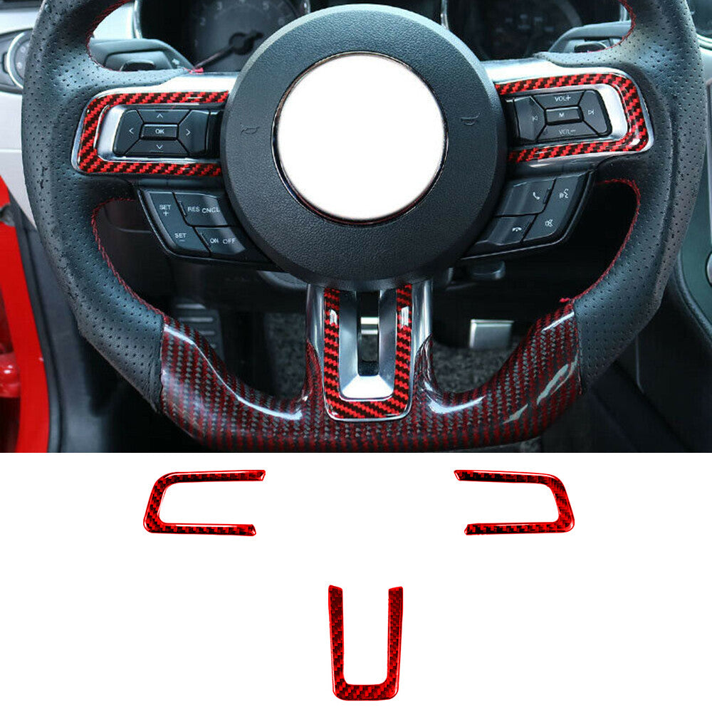 3¡ÁRed Carbon Fiber Interior Steering Wheel Button Cover for Ford for Mustang 2015-22