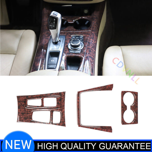 Inner Gear Shift Water Cup Frame Cover Trim for BMW X5 2008-13 Brown Wood Grain