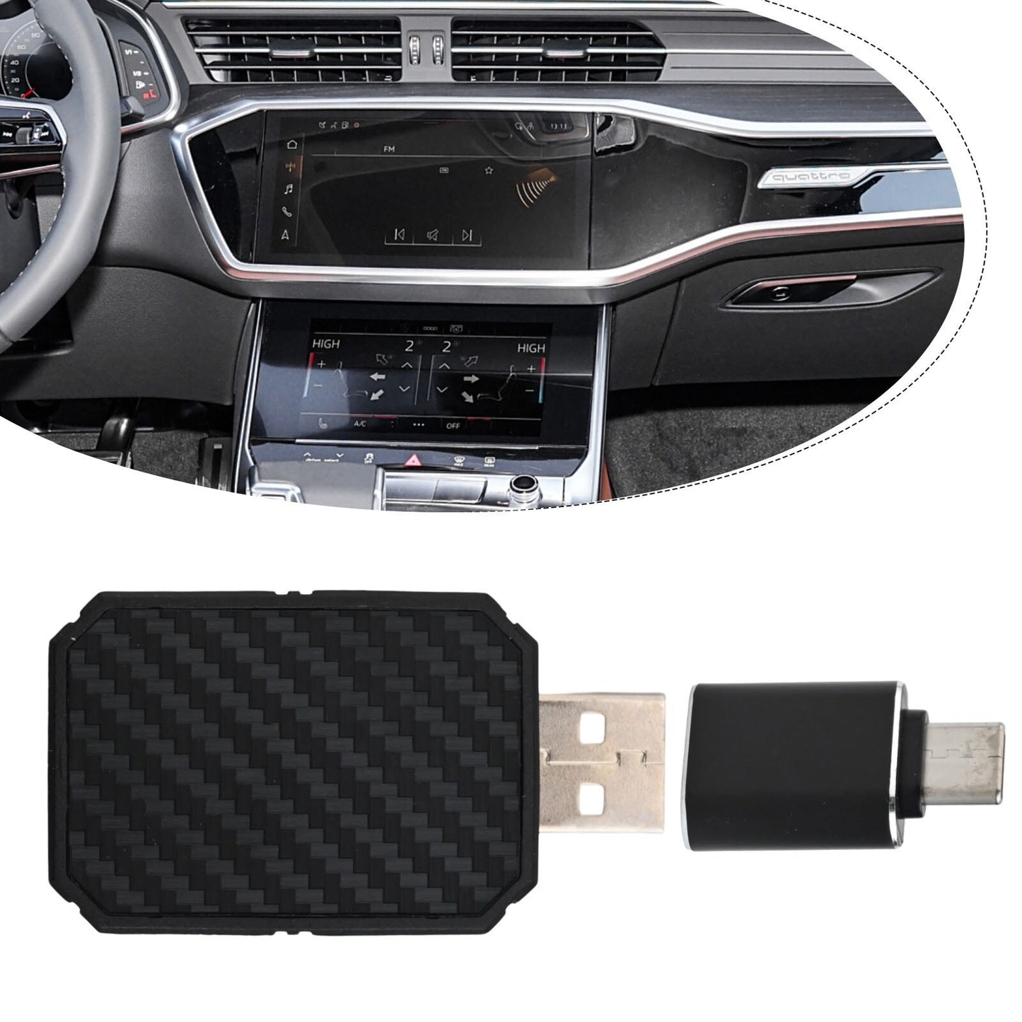 Compact design for Android Auto and CarPlay wireless adapter with USB A and C ports.