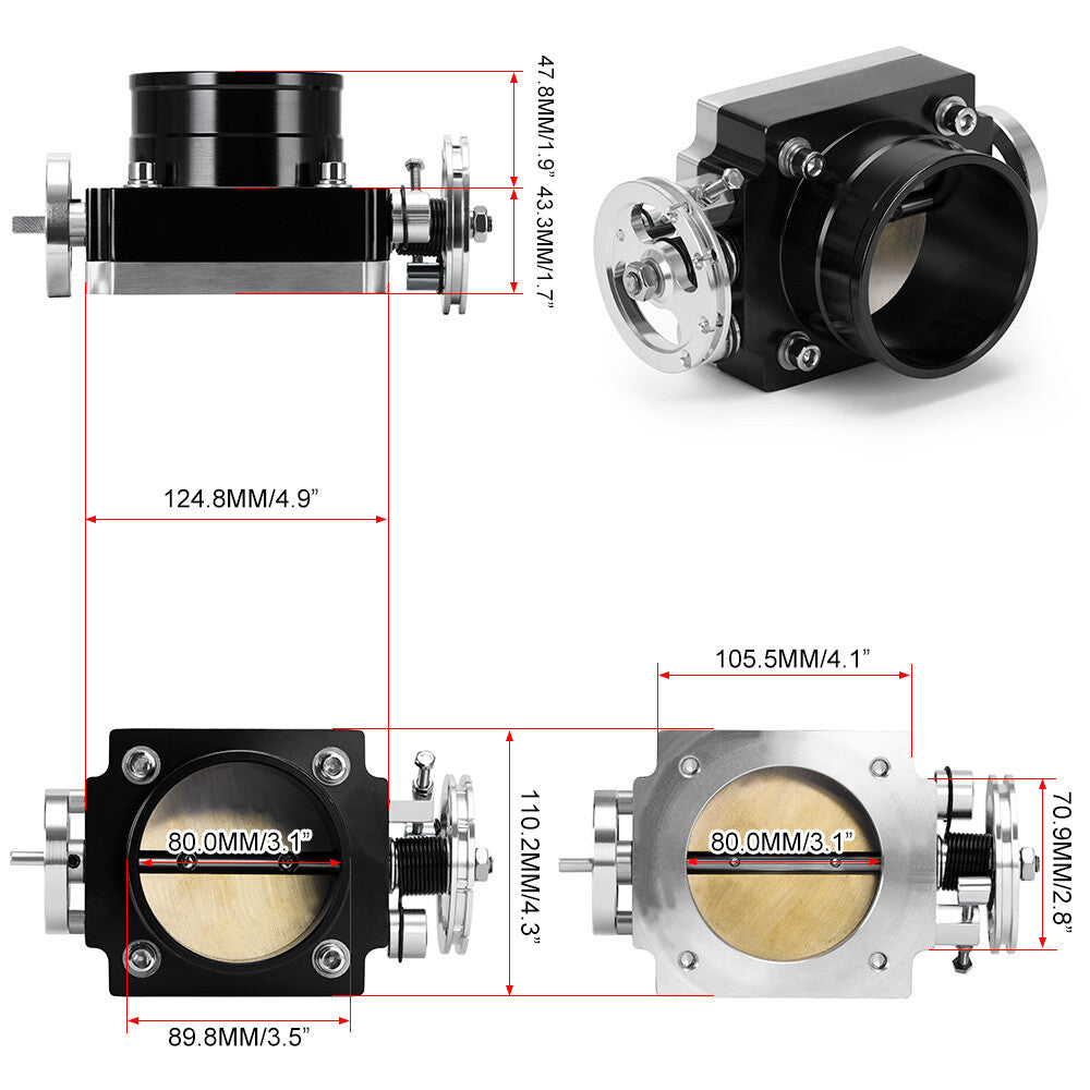3.15 80mm High Flow Aluminum Throttle Body Intake Manifold Universal TB Black
