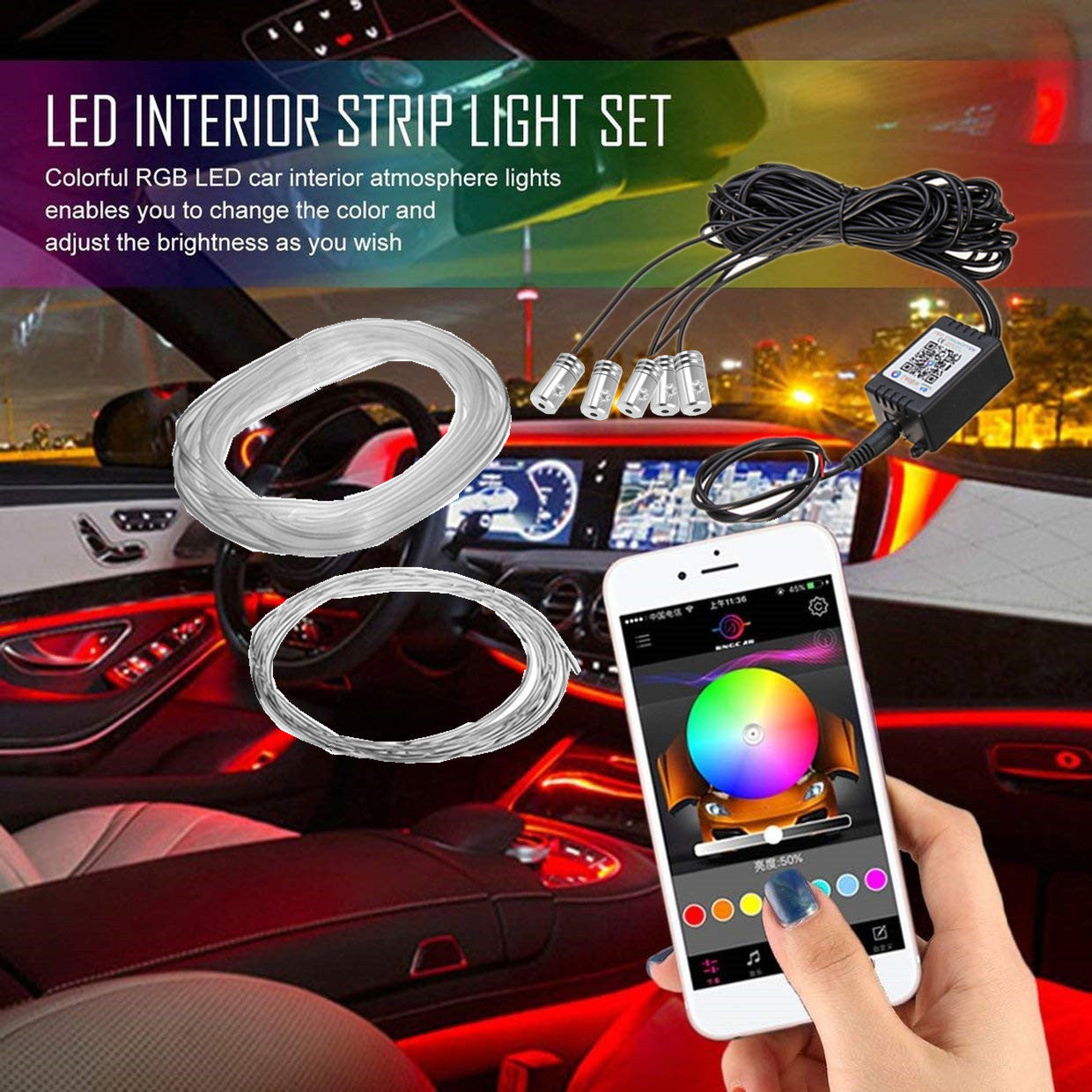 6M RGB EL Light LED Car Interior Neon Strip Light Sound Bluetooth Phone Control