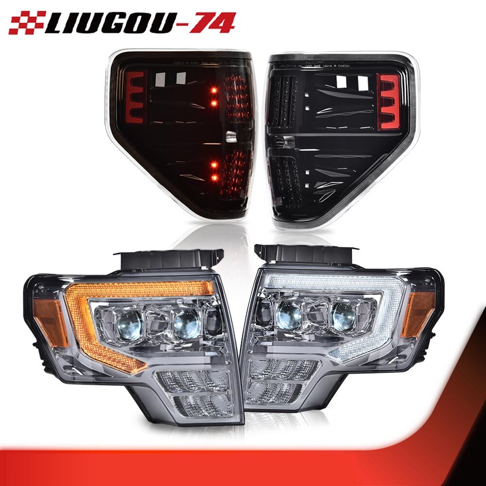 Dual LED projector smoked headlights and LED taillights suitable for 2009-2014 for Ford F-150s.