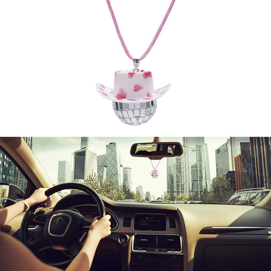 Cowboy Hat Disco Ball Car Ornamen Rearview Mirror Hanging Acessory Rope Cow Red