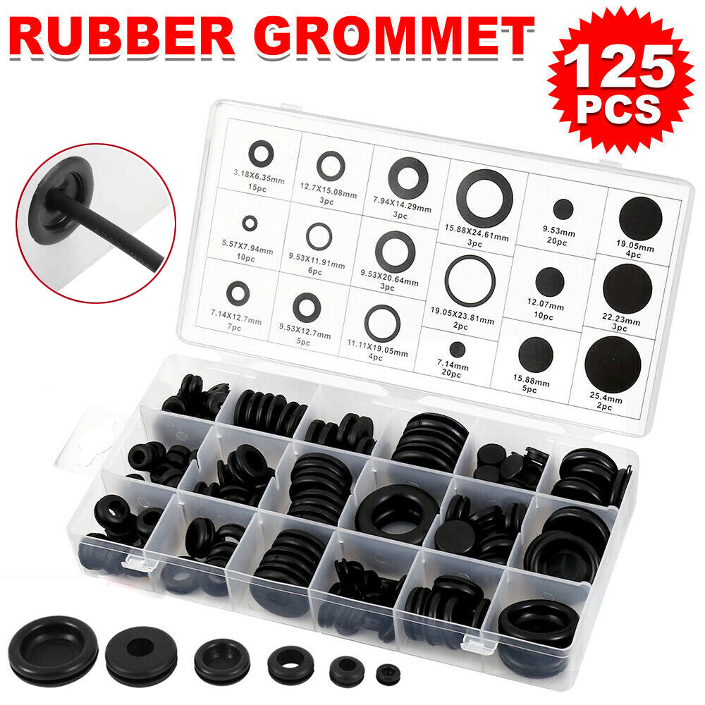 125pc Rubber Grommet Firewall Wire Gasket Solid Hole Plug Assortment Set