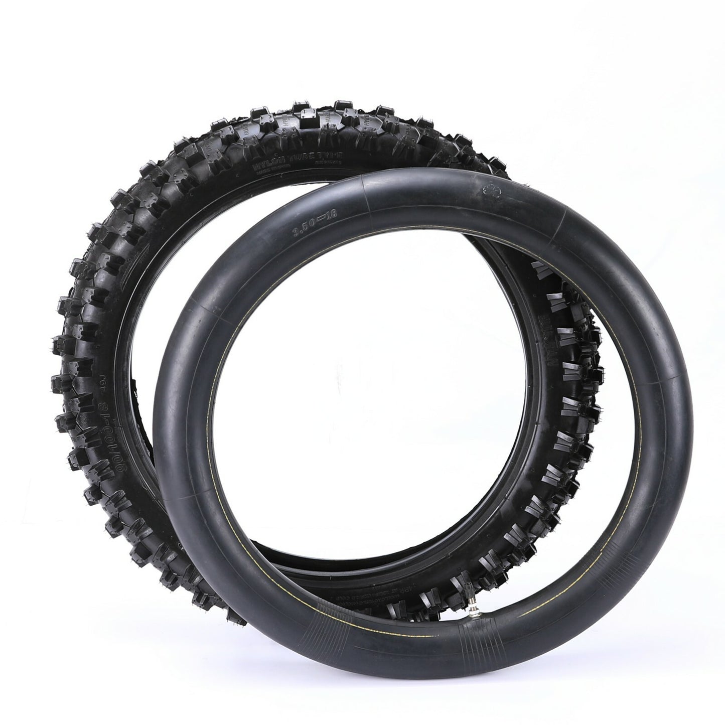 110/90-18 Knobby tires and inner tubes for motorcycles, off-road bikes, and muddy terrain.