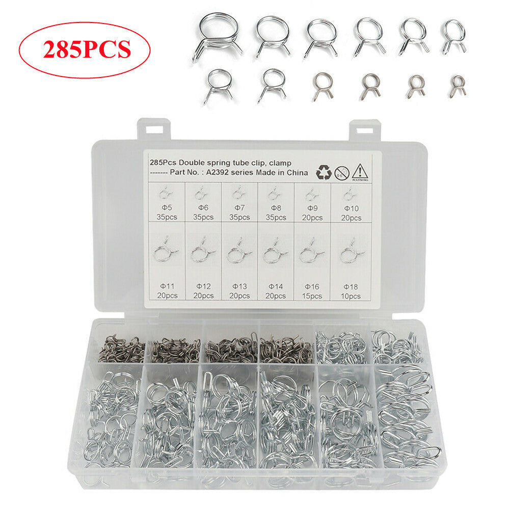 285-piece dual-line fuel line hose clamp and spring clip sorting kit for automotive use.