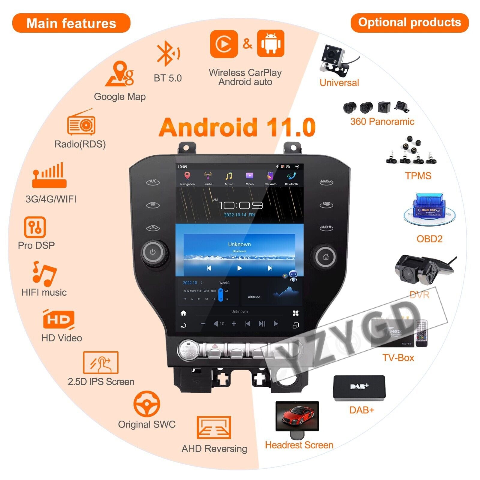 for Ford for Mustang 2015-2020 Android 2Din Car Radio CarPlay Stereo Receiver Screen