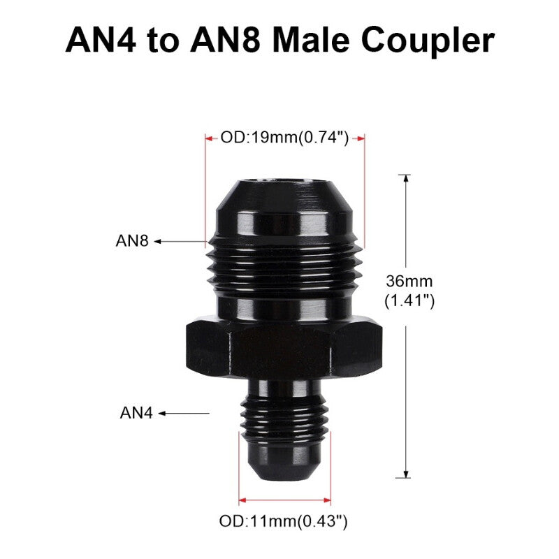 2Pcs 4AN to 8AN Male Flare Coupler Union Straight Fuel Hose Adapter Fitting Blk