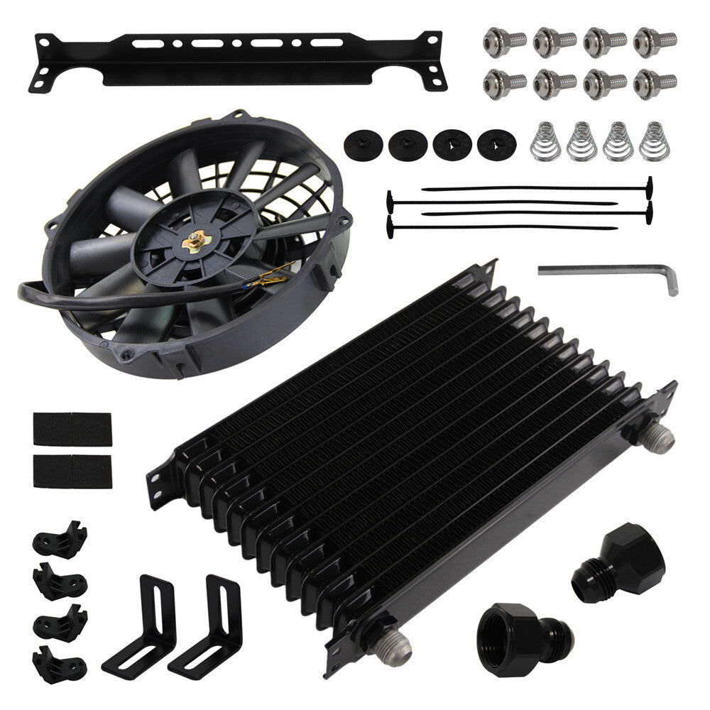 Universal 13 Row AN10 Engine Oil Cooler w/AN10 To AN8 Fittings + 7 Electric Fan