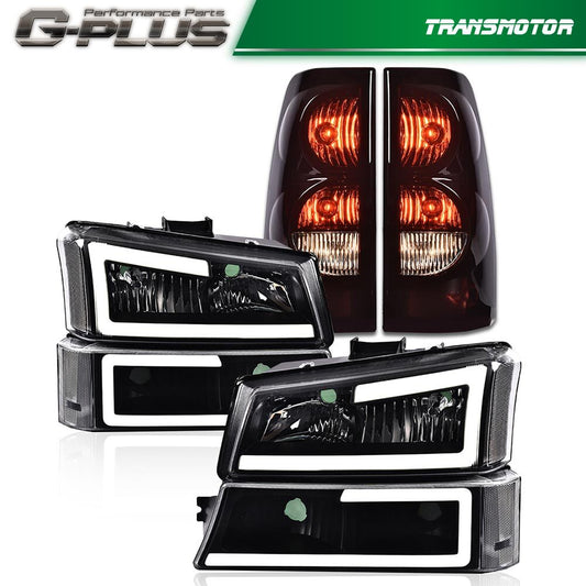 Transparent LED DRL headlights + taillights suitable for 2003-2007 for Chevrolet Silverado in black.