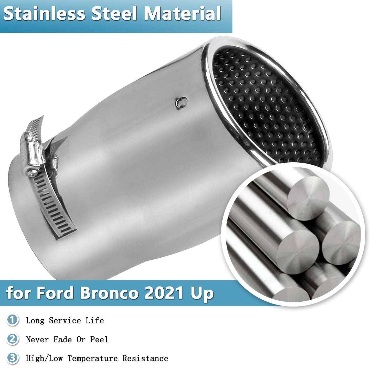 Exhaust Tailpipe Chrome Trim Tail Muffler Tip for Ford Bronco 2021 2022 2023