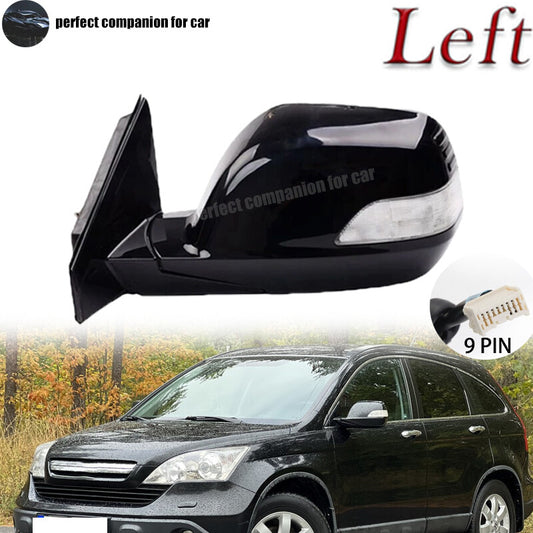 Left black side mirror with turn signal light and heating, 9-pin fitting for Honda CRV 2007 - 2011